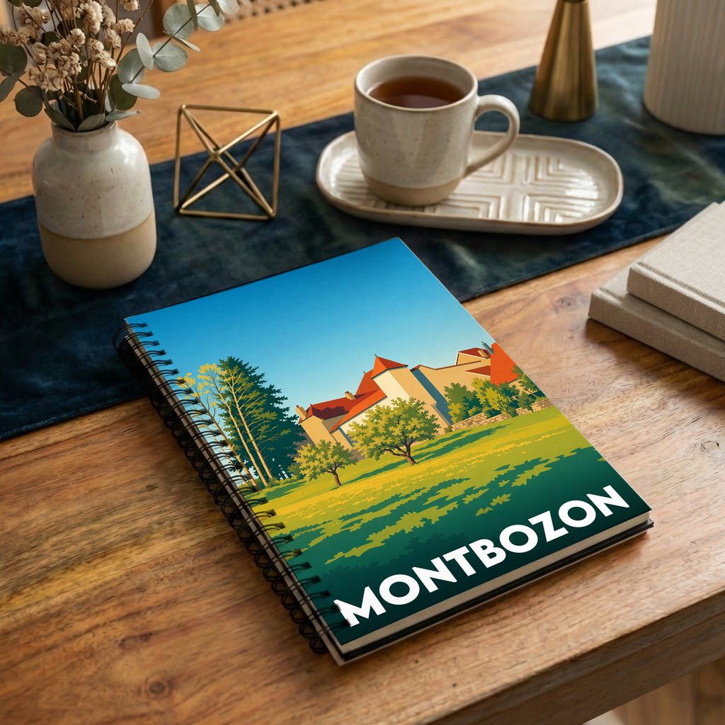 Carnet souvenir de la ville de Montbozon avec une illustration stylisée.
