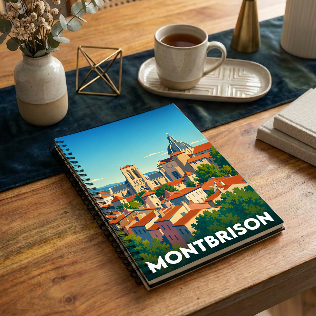Carnet souvenir de la ville de Montbrison avec une illustration stylisée de ses monuments.