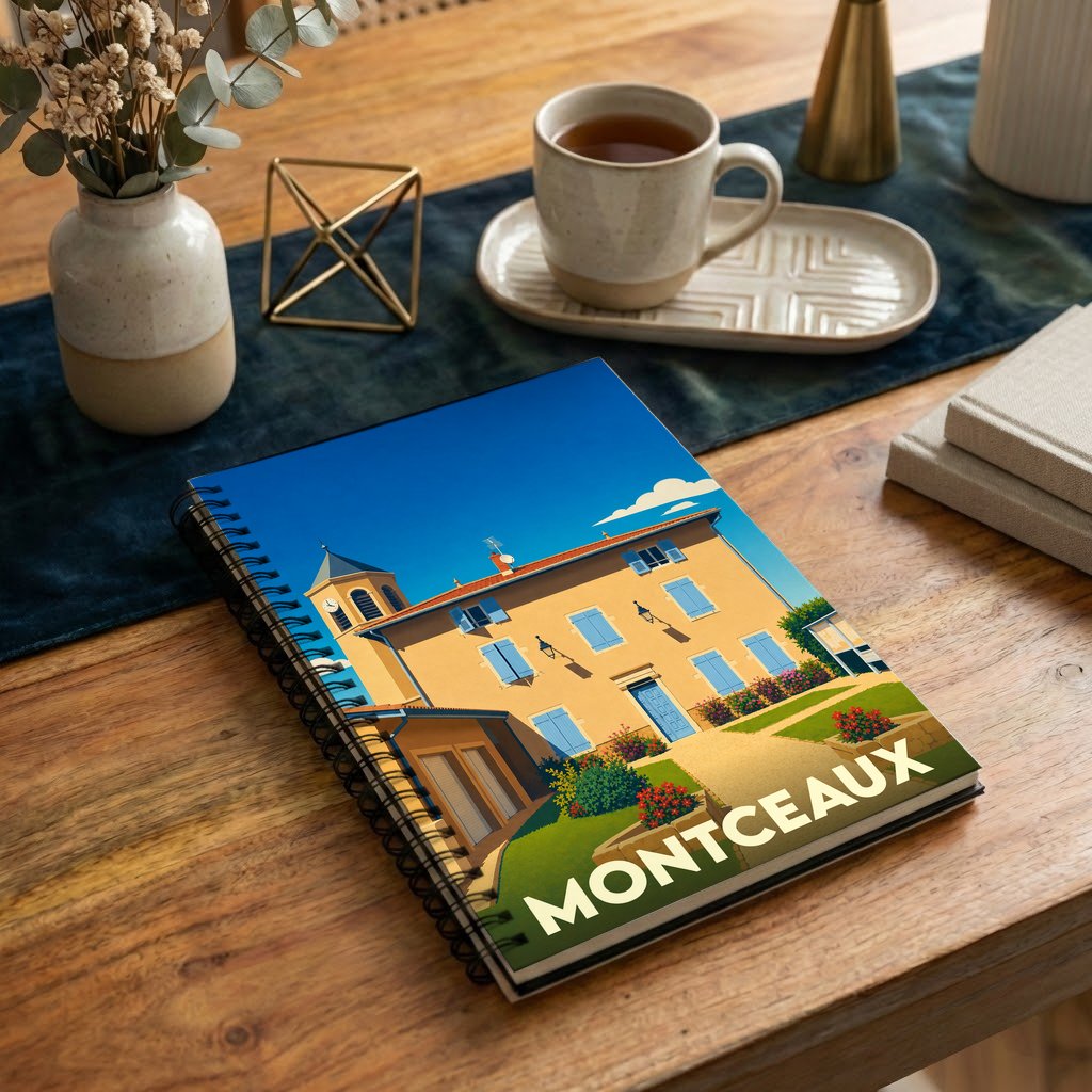 Carnet souvenir de la ville de Montceaux avec une illustration stylisée d'un bâtiment provençal.