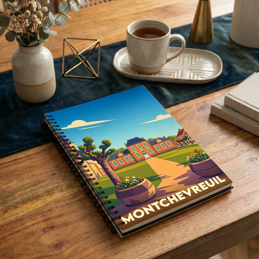 Carnet souvenir de la ville de Montchevreuil avec une illustration stylisée.