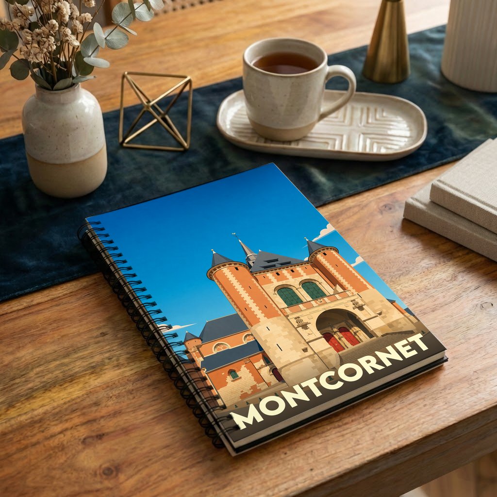 Carnet souvenir de la ville de Montcornet avec une illustration stylisée de son église fortifiée.