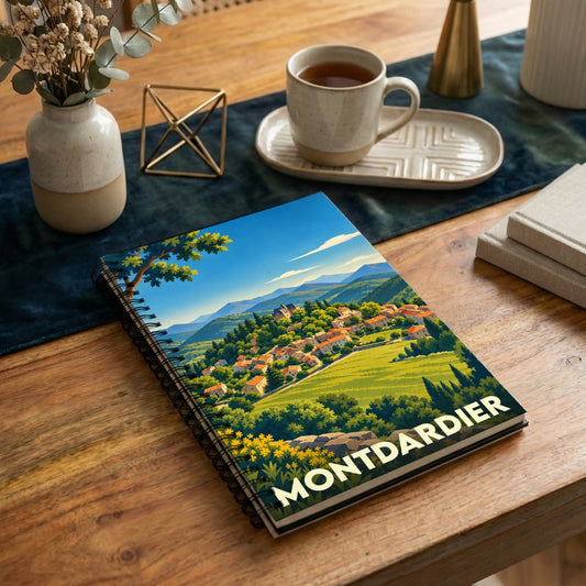 Carnet à spirale souvenir de la ville de Montdardier avec une illustration de paysage coloré.