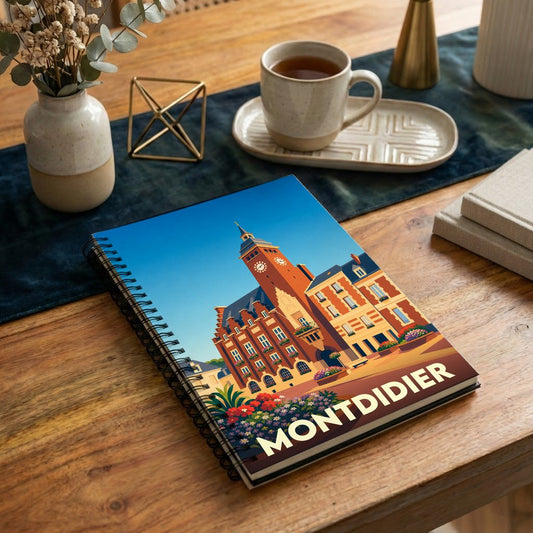 Carnet à spirales souvenir de la ville de Montdidier avec une illustration stylisée de l'hôtel de ville.