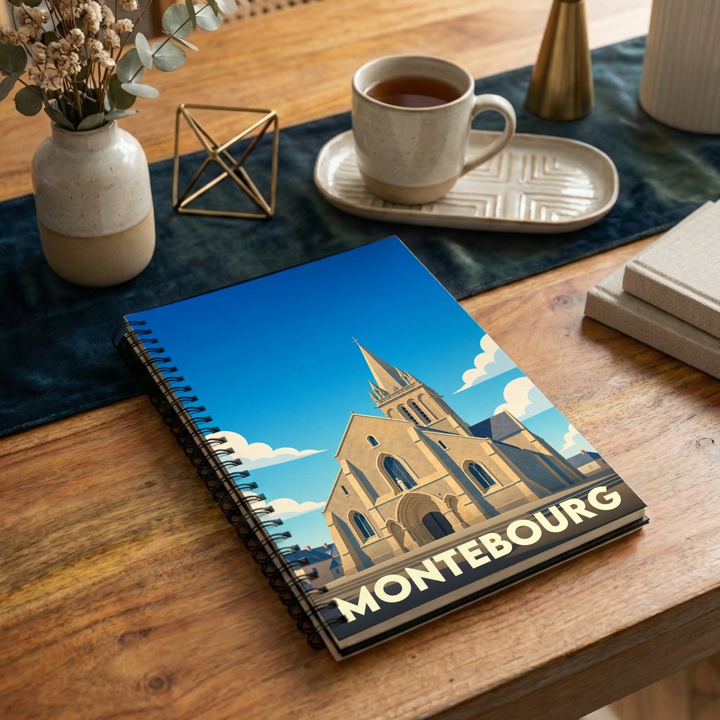 Carnet à spirales souvenir de la ville de Montebourg avec une illustration stylisée de son église sous un ciel bleu.