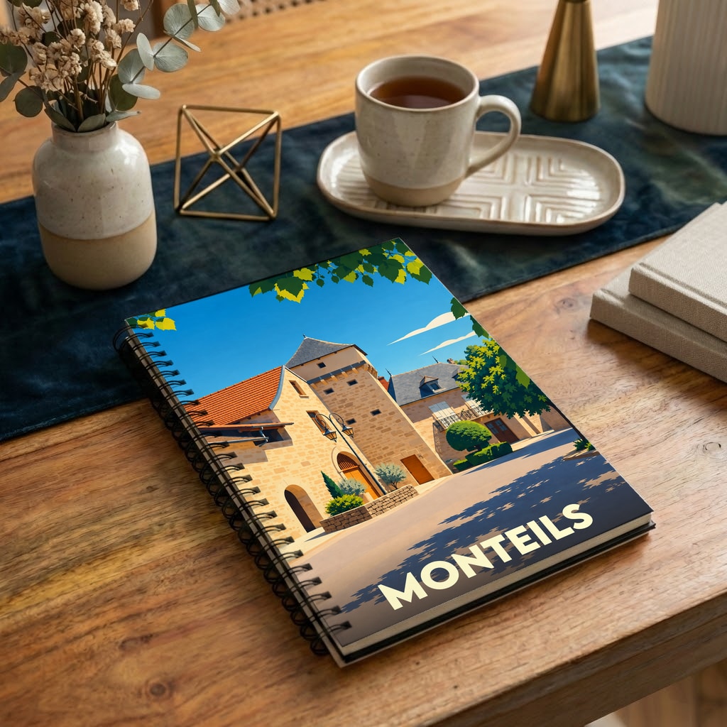 Carnet à spirales souvenir de la ville de Monteils avec une illustration stylisée d'un village médiéval.