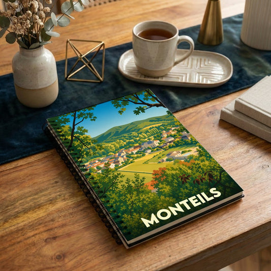 Carnet souvenir de la ville de Monteils avec une illustration paysagère stylisée.