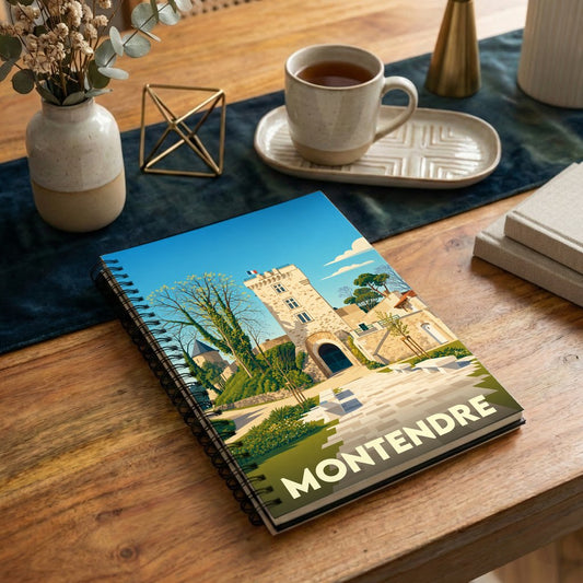 Carnet à spirales souvenir de la ville de Montendre avec une illustration stylisée de son château.