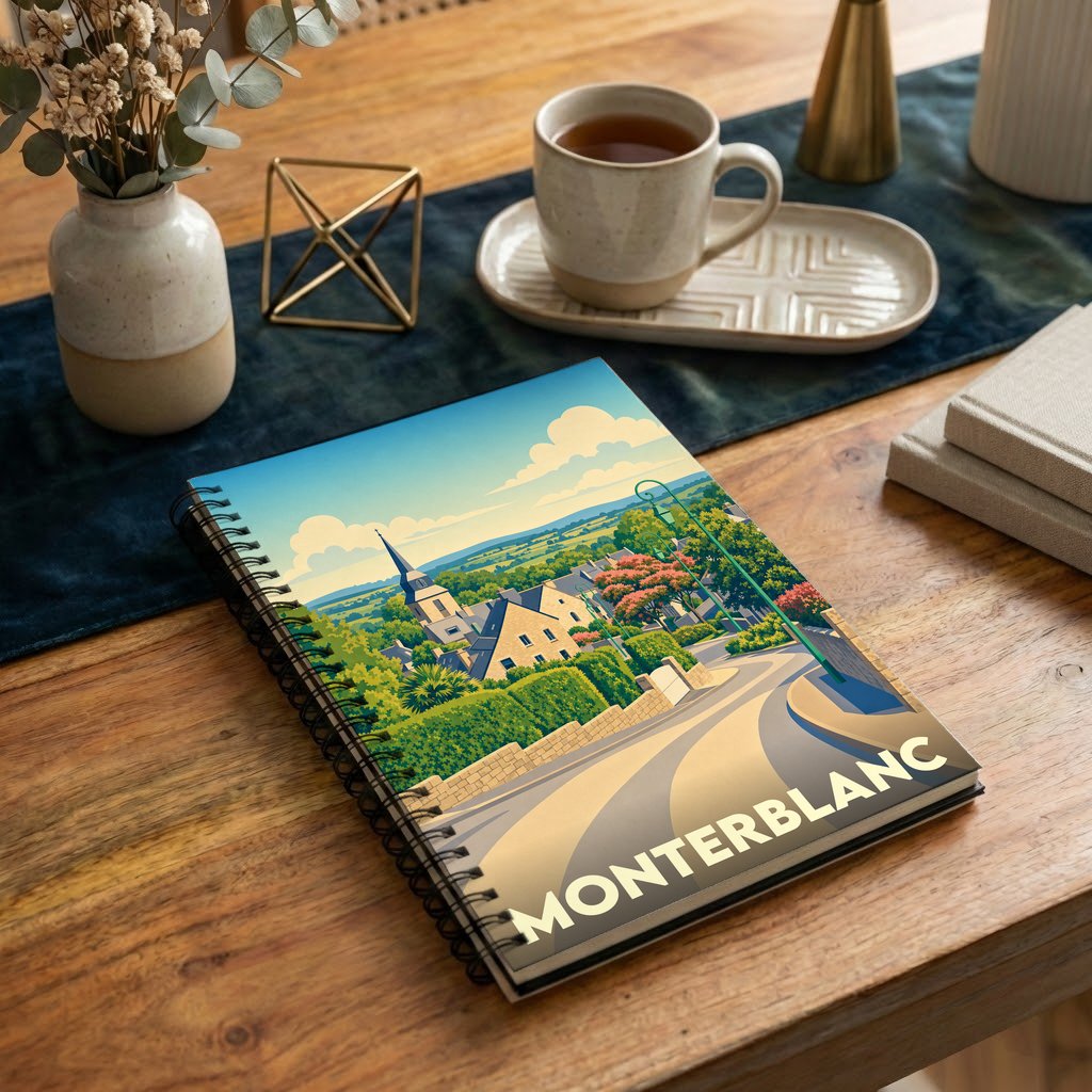 Carnet à spirales souvenir de la ville de Monterblanc avec une illustration paysagère stylisée.