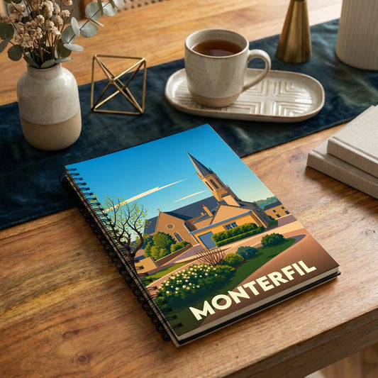 Carnet à spirales souvenir de la ville de Monterfil avec une illustration stylisée de son église.