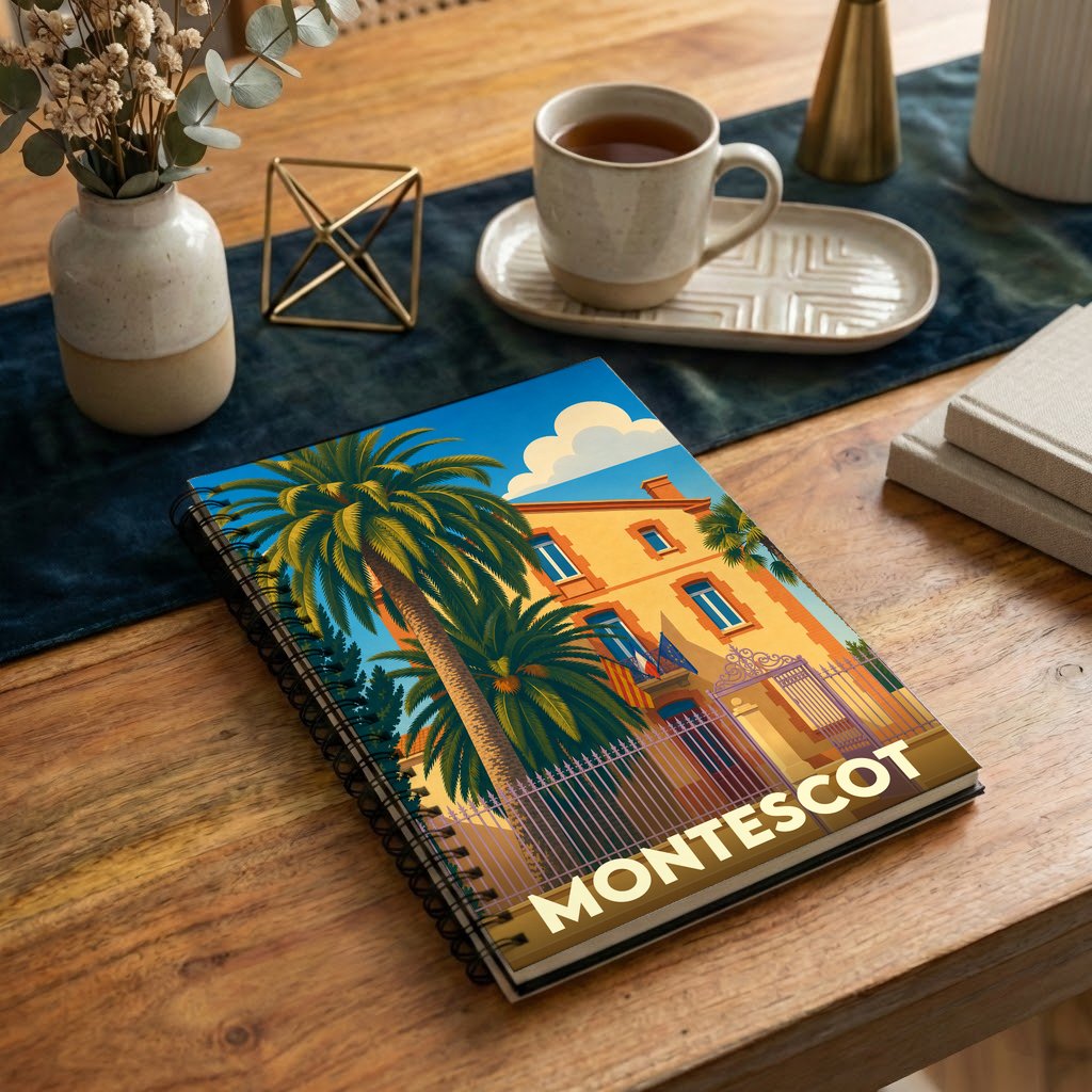 Carnet à spirales souvenir de la ville de Montescot avec une illustration stylisée.