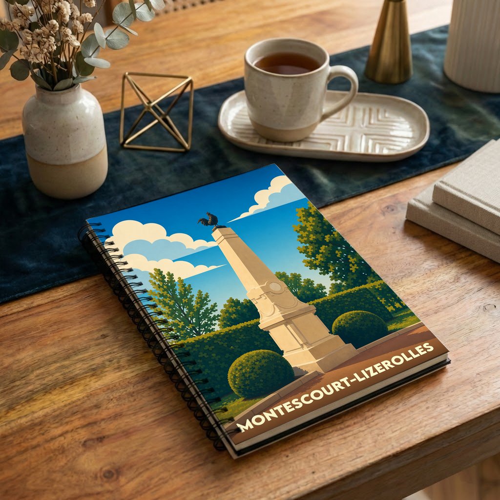 Carnet souvenir de la ville de Montescourt-Lizerolles illustré d'un monument historique dans un style graphique épuré.