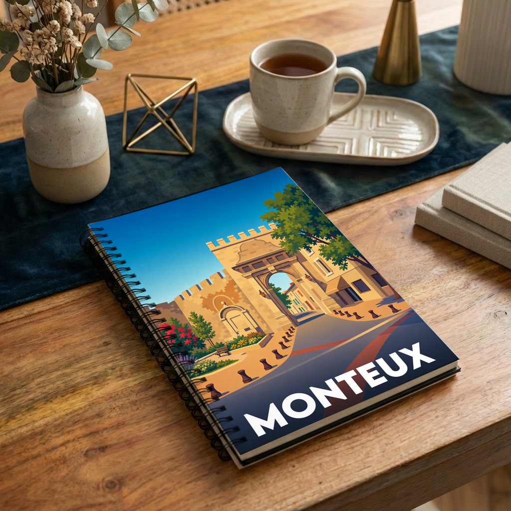 Carnet souvenir de la ville de Monteux avec une illustration stylisée.