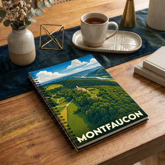 Carnet à spirales souvenir de la ville de Montfaucon avec une illustration stylisée de paysages verdoyants.
