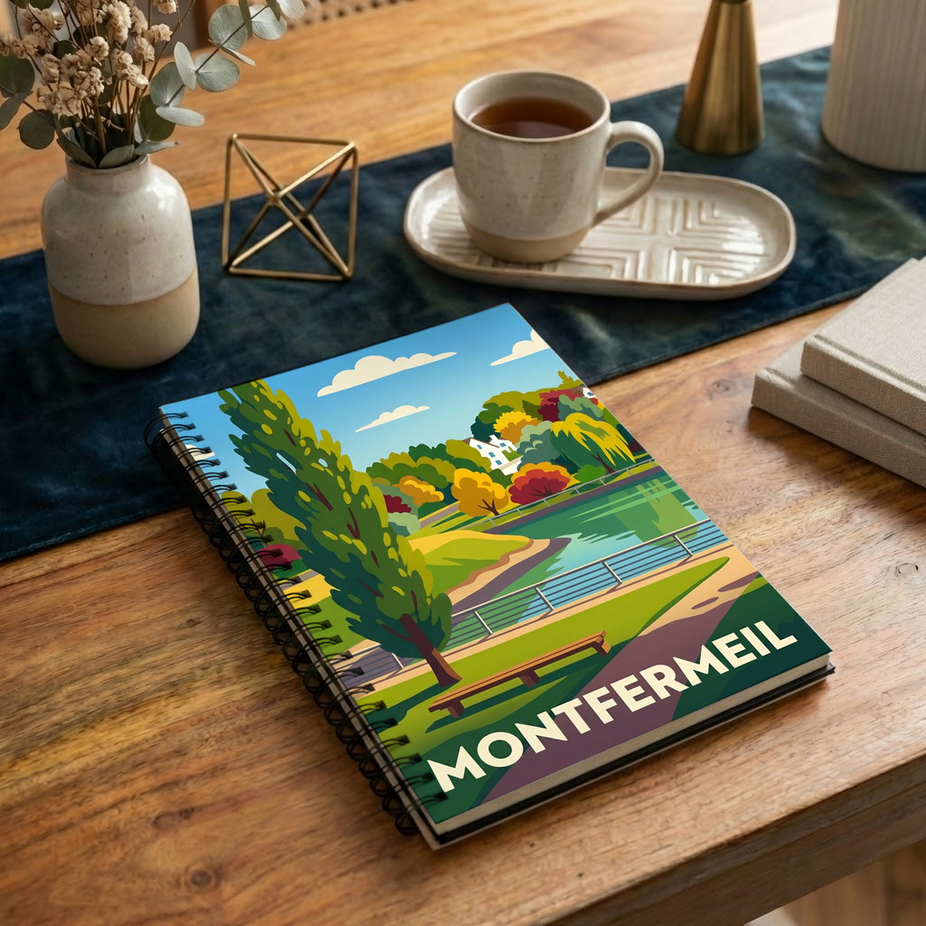 Carnet souvenir de la ville de Montfermeil avec une illustration stylisée.