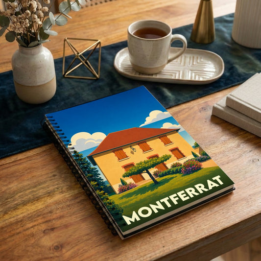 Carnet à spirales souvenir de la ville de Montferrat avec une illustration stylisée d'une maison provençale.