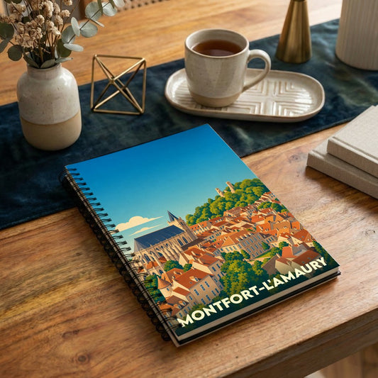 Carnet à spirales souvenir de Montfort-l'Amaury illustré d'une vue panoramique stylisée de la ville.