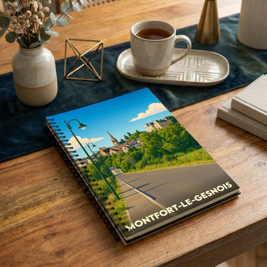 Carnet souvenir de la ville de Montfort-le-Gesnois avec une illustration stylisée.