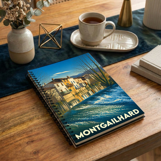 Carnet à spirales souvenir de la ville de Montgailhard avec une illustration stylisée de ses reflets sur l'eau.