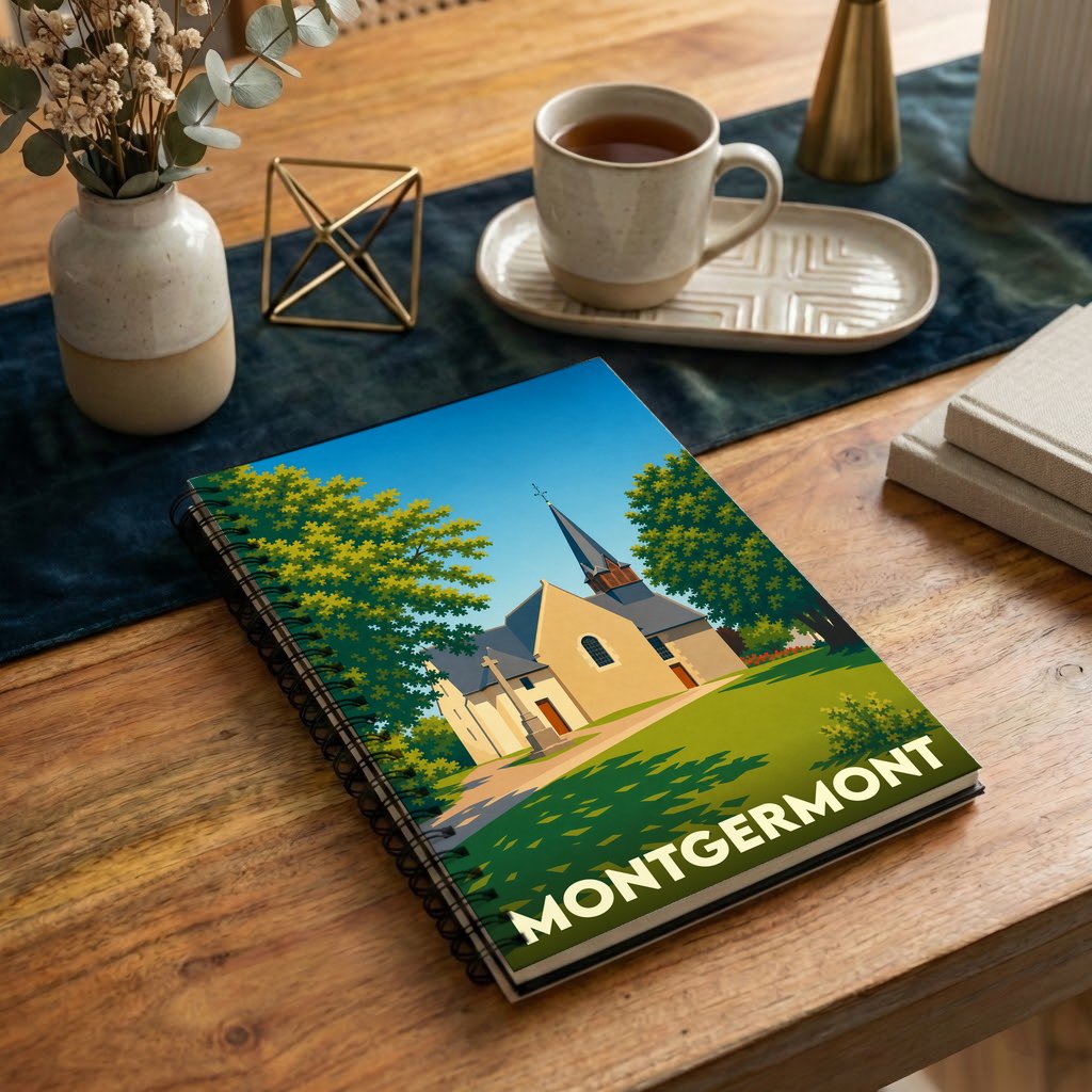 Carnet souvenir de la ville de Montgermont avec une illustration stylisée de son église.