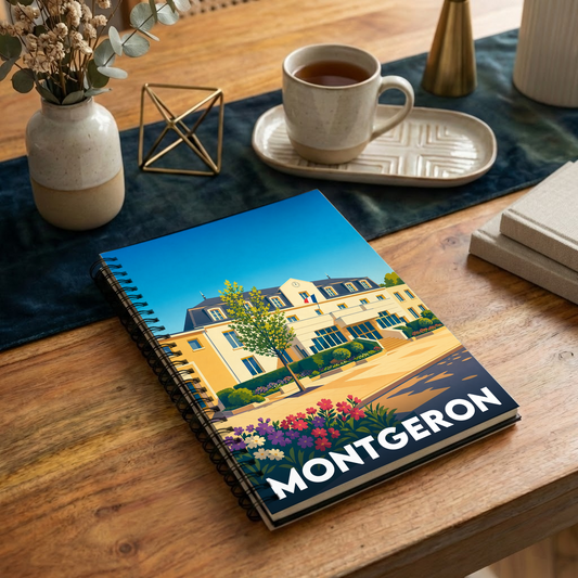 Carnet souvenir de la ville de Montgeron illustré par un dessin stylisé de son hôtel de ville.