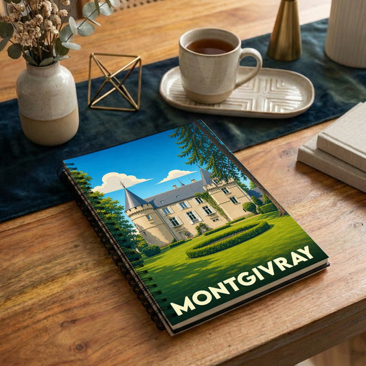 Carnet de notes souvenir de la ville de Montgivray illustré d'un château de style rétro.