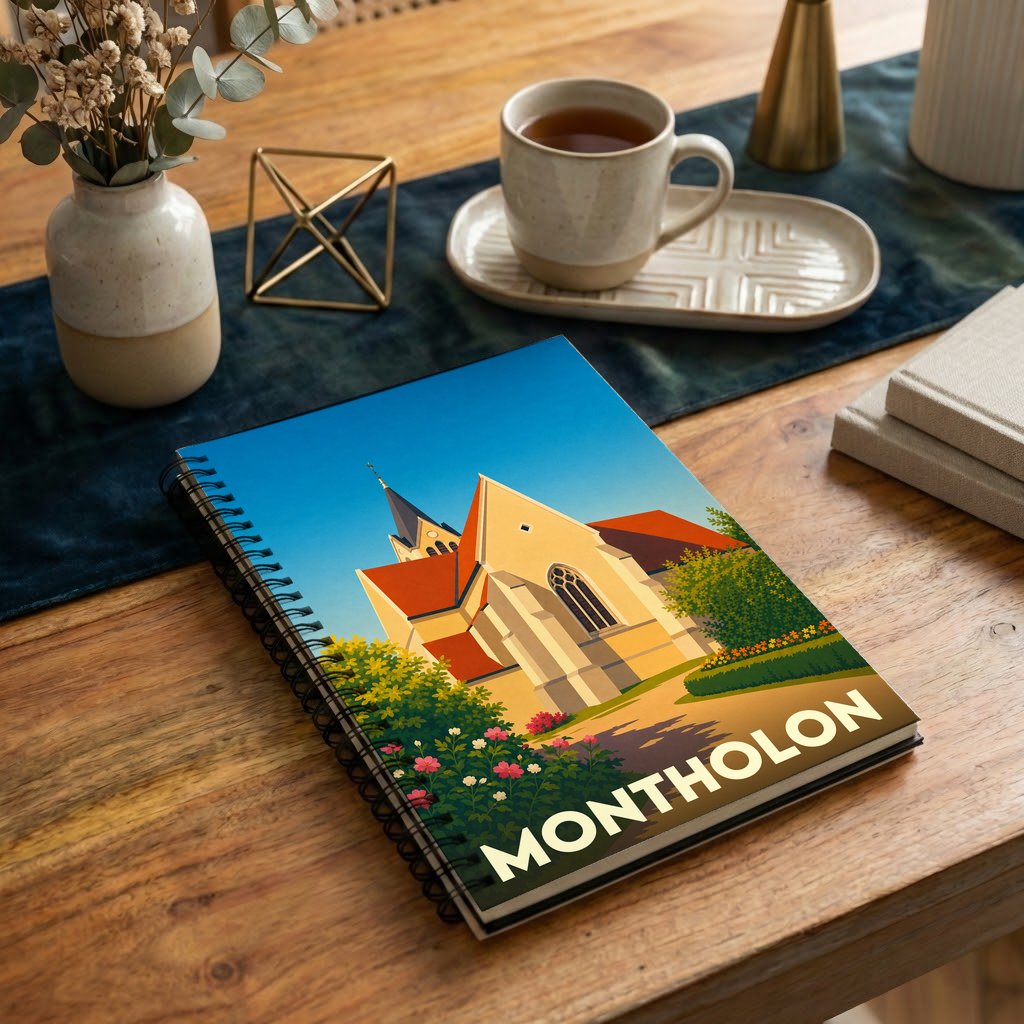 Carnet à spirales souvenir de la ville de Montholon avec une illustration stylisée de son église.
