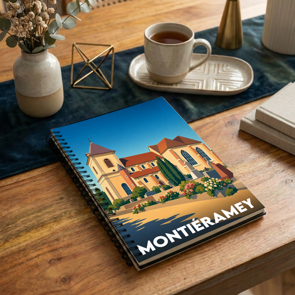 Carnet souvenir de la ville de Montiéramey avec une illustration stylisée.
