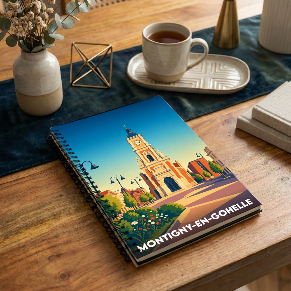 Carnet souvenir de la ville de Montigny-en-Gohelle avec une illustration stylisée de son église.