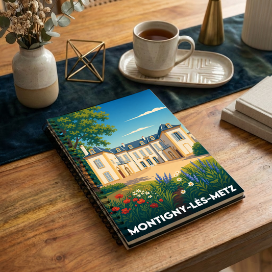 Carnet à spirales souvenir de la ville de Montigny-lès-Metz avec une illustration stylisée de son patrimoine.