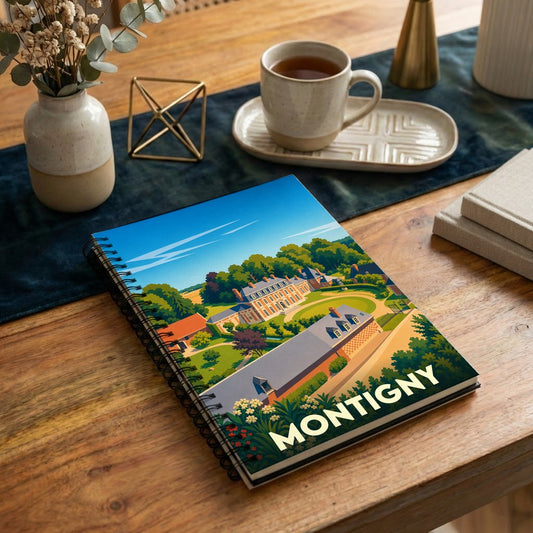 Carnet à spirales souvenir de la ville de Montigny avec une illustration stylisée.