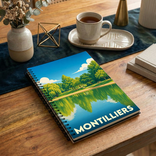 Carnet souvenir de la ville de Montilliers avec une illustration stylisée de son paysage.