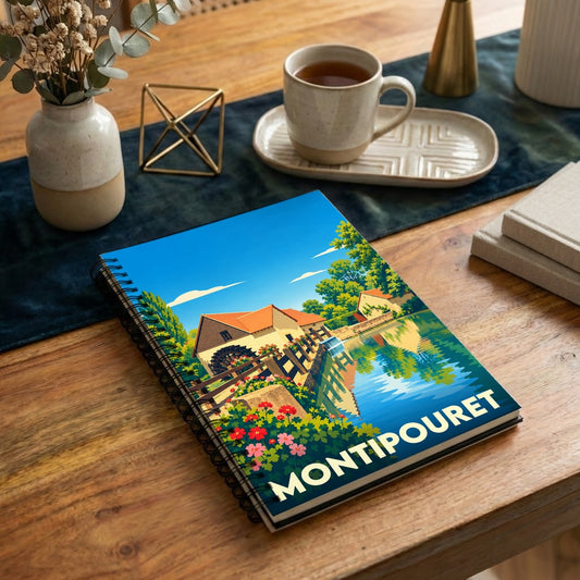 Carnet souvenir à spirale de la ville de Montipouret avec une illustration stylisée d'un moulin au bord de l'eau.