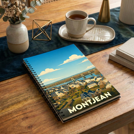 Carnet de notes souvenir de la ville de Montjean avec une illustration panoramique stylisée.