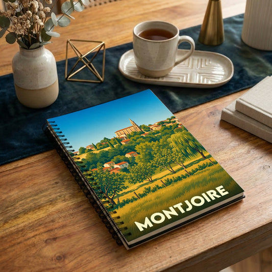 Carnet à spirales souvenir de la ville de Montjoire avec une illustration de paysage stylisée.