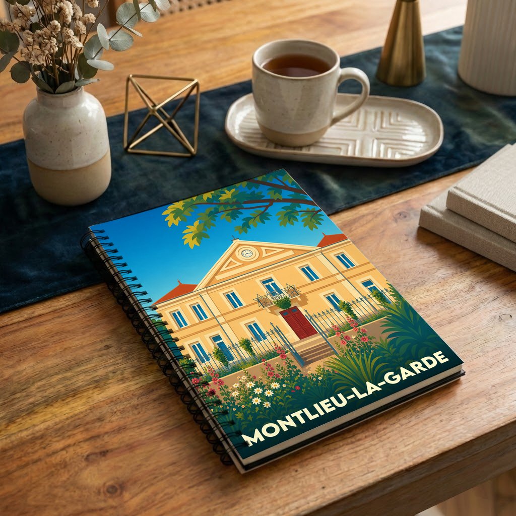 Carnet à spirale souvenir de la ville de Montlieu-la-Garde illustré d'un bâtiment historique dans un style rétro.