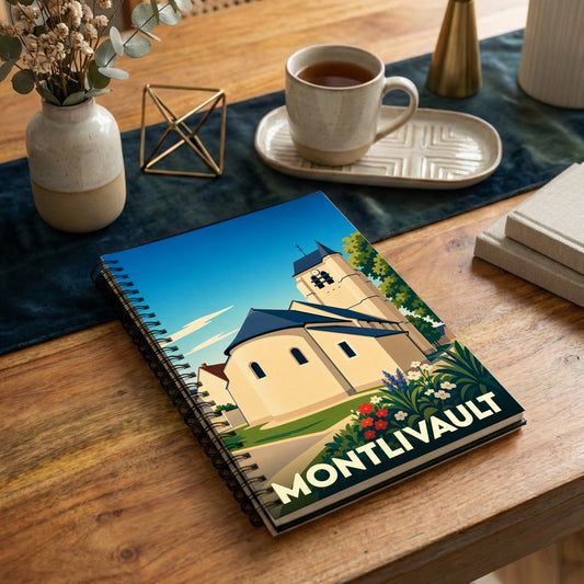 Carnet souvenir de la ville de Montlivault illustré par une affiche de voyage stylisée représentant son église.