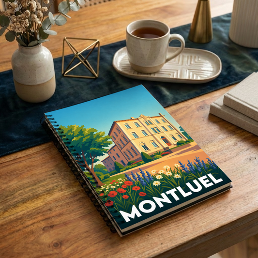 Carnet souvenir de la ville de Montluel avec une illustration colorée et stylisée.
