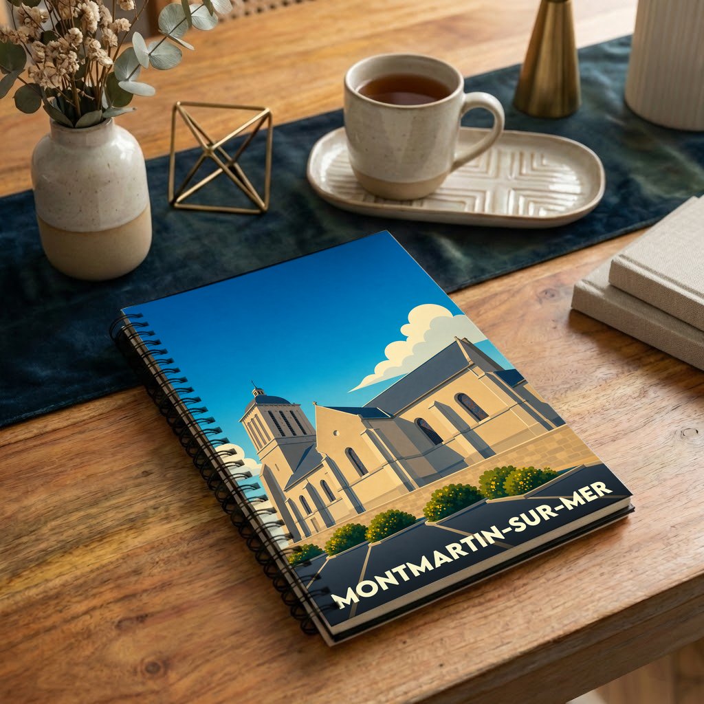 Carnet à spirales souvenir de la ville de Montmartin-sur-Mer avec une illustration stylisée de son église.