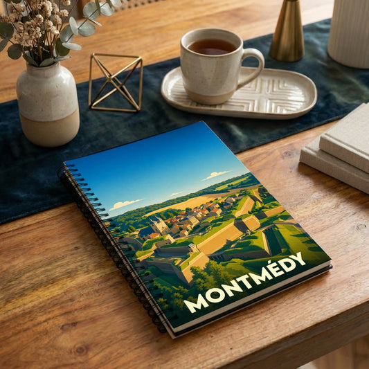 Carnet de notes souvenir de la ville de Montmédy orné d'une illustration stylisée de sa citadelle.