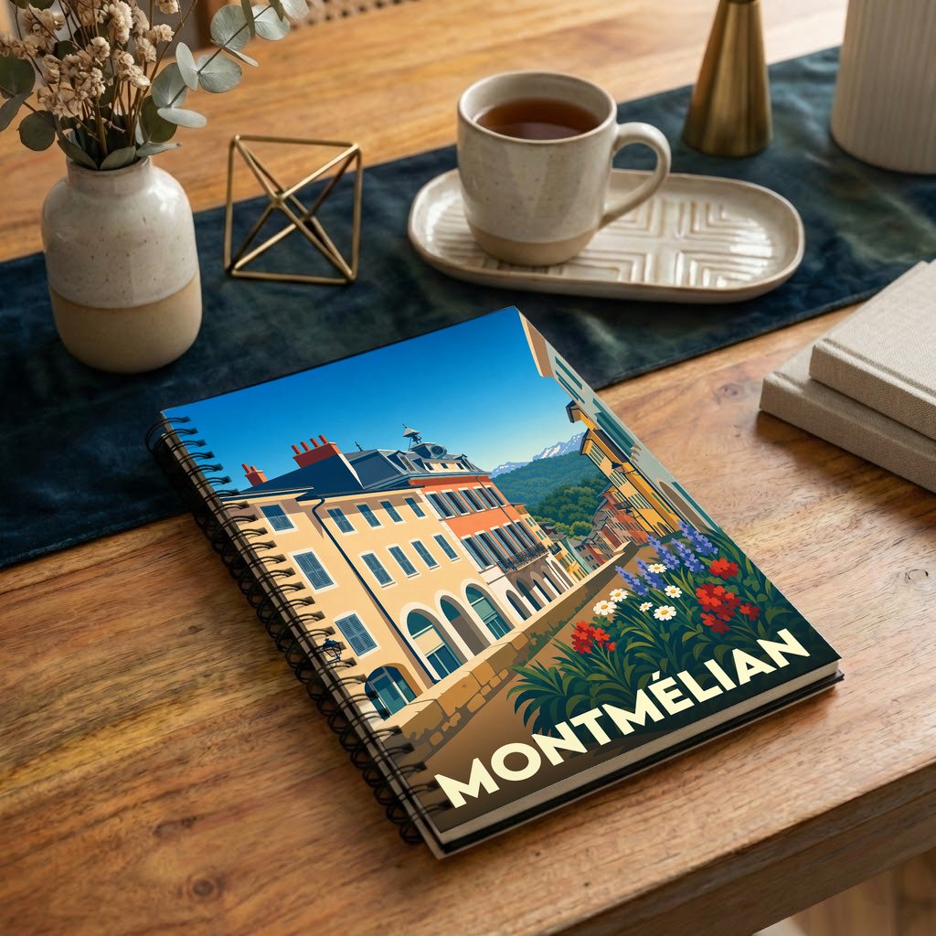 Carnet à spirales souvenir de la ville de Montmélian avec une illustration colorée et stylisée.