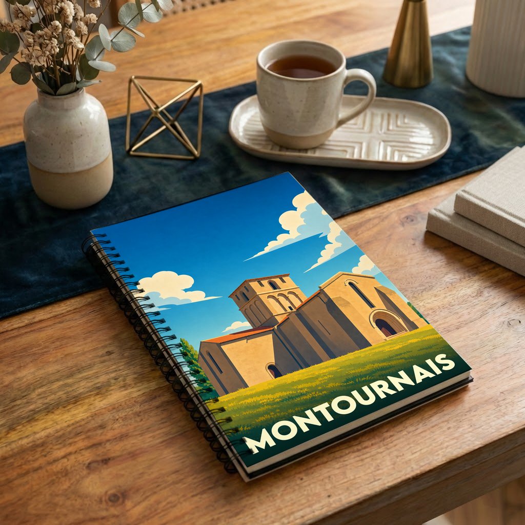 Carnet à spirales souvenir de la ville de Montournais avec une illustration stylisée de son église.