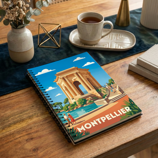 Carnet souvenir de la ville de Montpellier avec une illustration stylisée du Château d'eau du Peyrou.