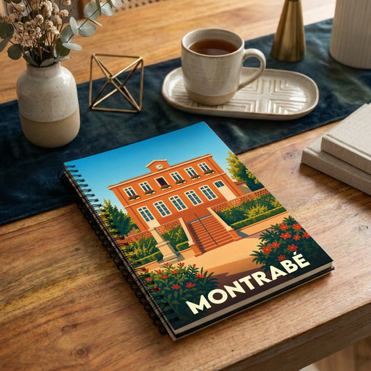 Carnet à spirales souvenir de la ville de Montrabé avec une illustration stylisée de son patrimoine.