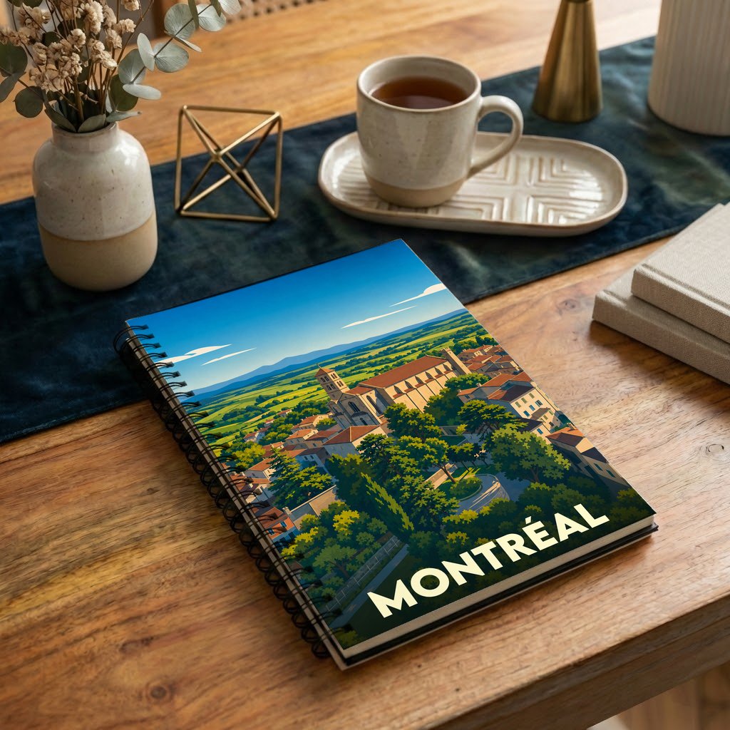 Carnet à spirale souvenir de la ville de Montréal avec une illustration stylisée d'un paysage urbain verdoyant.