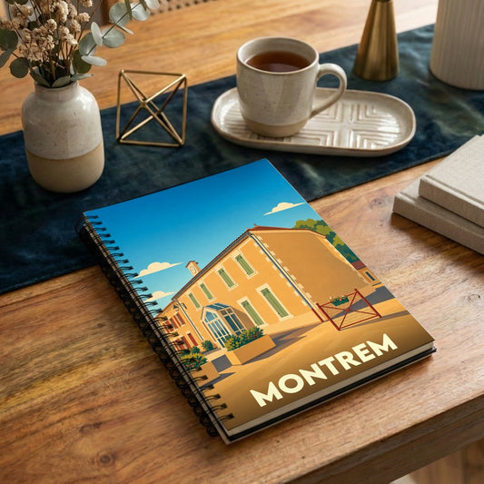 Carnet souvenir de la ville de Montrem orné d'une illustration stylisée de son architecture locale.