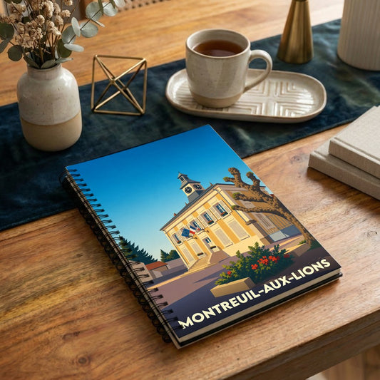 Carnet à spirales souvenir de la ville de Montreuil-aux-Lions avec une illustration stylisée de sa mairie.
