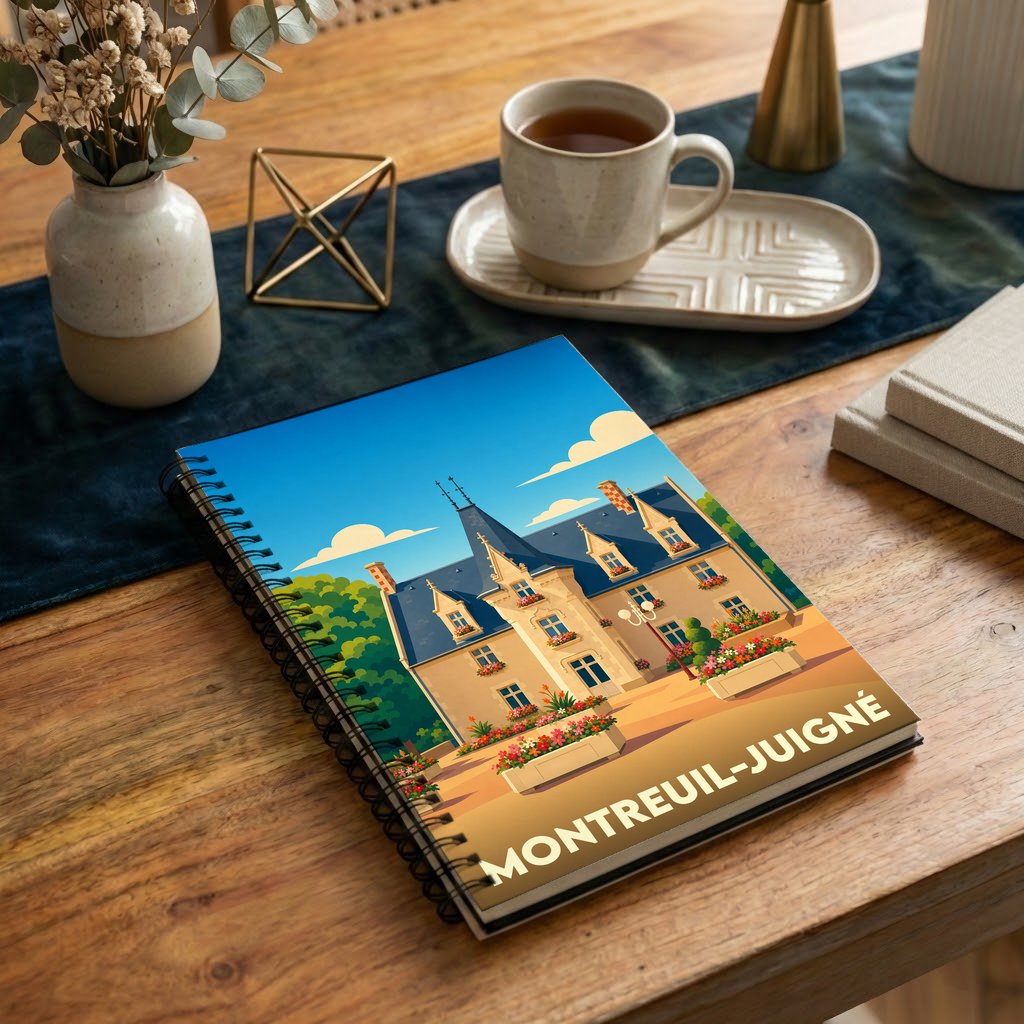 Carnet à spirales souvenir de la ville de Montreuil-Juigné illustré par un manoir coloré.