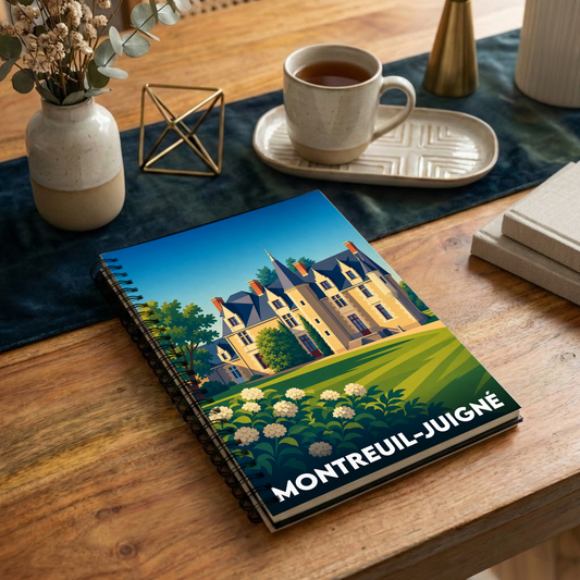 Carnet à spirales souvenir de la ville de Montreuil-Juigné illustré d'un château stylisé.