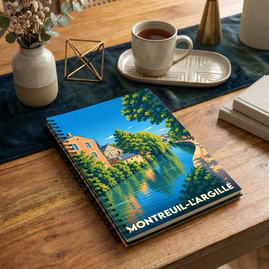 Carnet à spirale souvenir de la ville de Montreuil-l'Argillé avec une illustration stylisée d'un paysage fluvial.