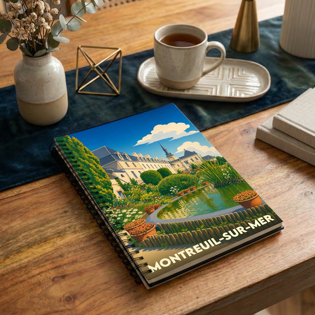 Carnet à spirales souvenir de la ville de Montreuil-sur-Mer avec une illustration stylisée de ses jardins et de son patrimoine.